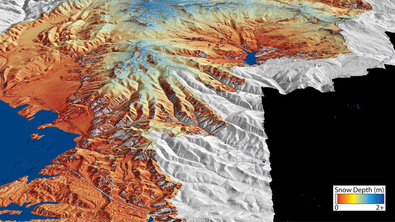 A 3-D rendering of snow depth data near Strawberry Reservoir from Airborne Snow Observatories’ survey flight on April 13, 2024.